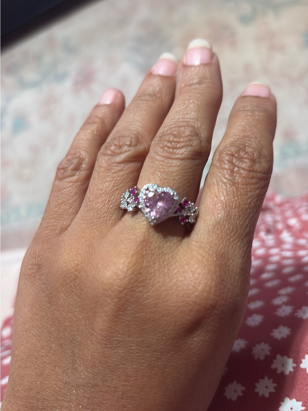 Silver Heart Ring with Pink Center Stone and Accent Crystals